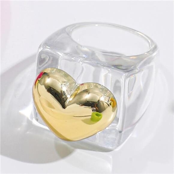 Gold Heart Statement Ring | Clear Cube Base Modern Fashion Jewelry - Picture 5 of 5